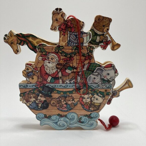 Santa Claus Ark & Animals and Jumping Jack Pull String Vintage Wood Ornaments - Picture 3 of 10